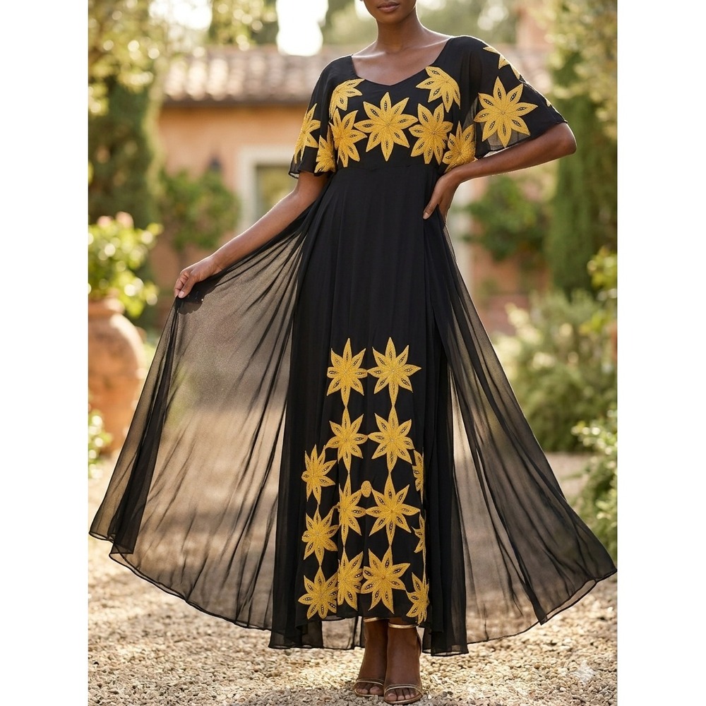 Vintage Hand Embroidered Black MaxiDress Yellow Sunburst Floral Boho Kaftan 51"